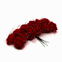 Розочки на проволоке 2 см, букет 12 роз, фоамиран - (бордовый) С СЕТОЧКОЙ SF-043