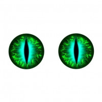Глаза круглые стеклянные клеевые 14мм (узкий зрачок, драконьи, кошачьи) - Зеленый, 1пара