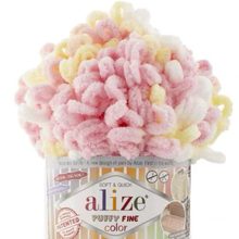 Пряжа Puffy Fine Color (Пуффи Файн Колор), ALIZE (Турция), 14м, 100гр, 100% микрополиэстер, 6367 - белый-желтый-розовый